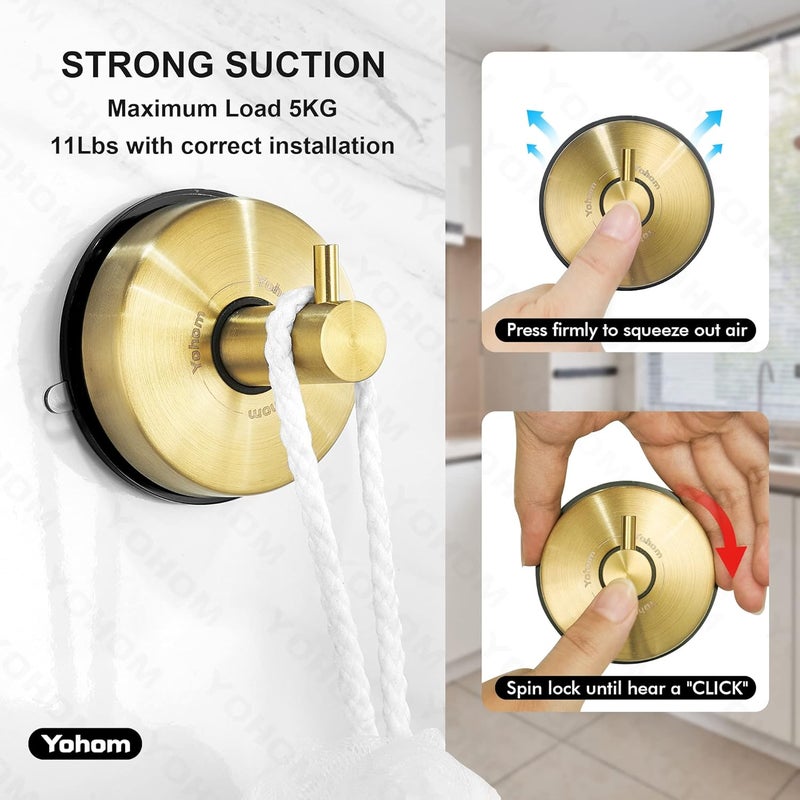 OHOM Suction Cup Hooks for Shower Towel Holder Stainless Steel Vacuum Bathroom Shower Hook Suction Washcloth Hanger Kitchen Towel Rack for Robe Loofah Wreath Glass Door Window Wall Brushed Gold 2Pcs - Image 4
